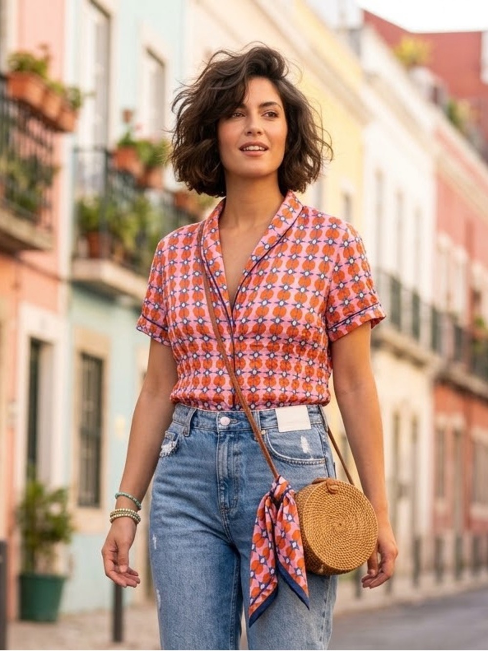 Anthropologie Women’s Geometric Print Short Sleeve Button-Up Top Sz S